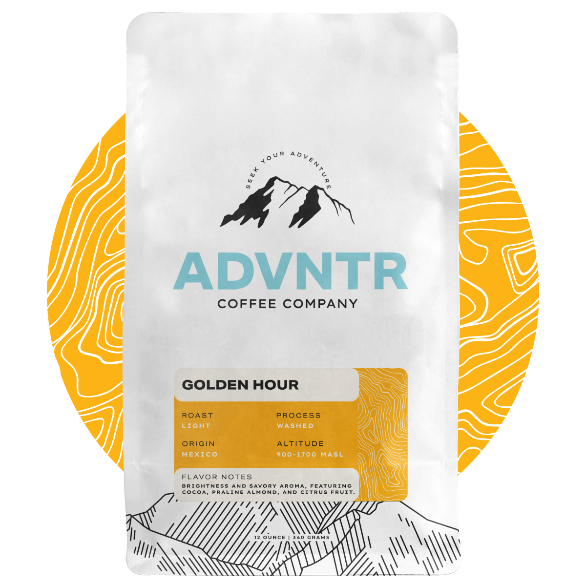 Golden Hour 12 ounce coffee bag by ADVNTR Coffee