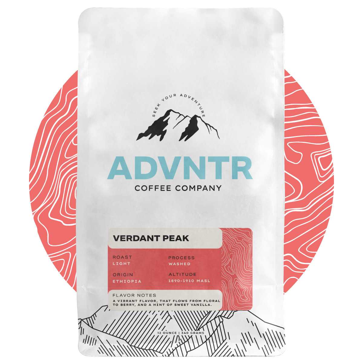 Verdant Peak 12 ounce coffee bag by ADVNTR Coffee Co.