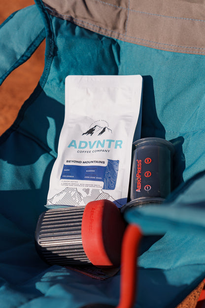 Beyond Mountains Coffee Bag with Aeropress in camping chair