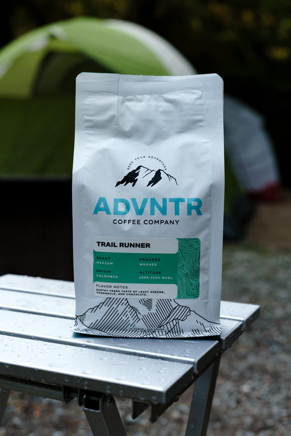 trail runner coffee bag by adventure coffee sitting on a camping table