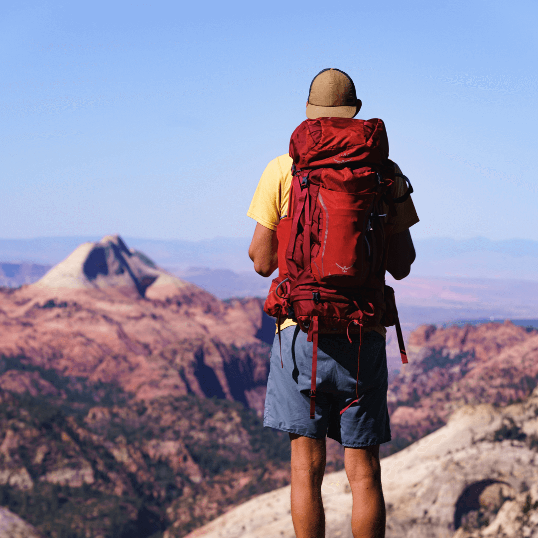 Man with red backpack hiking in Zion National Park in Utah, staring at the beautiful view.