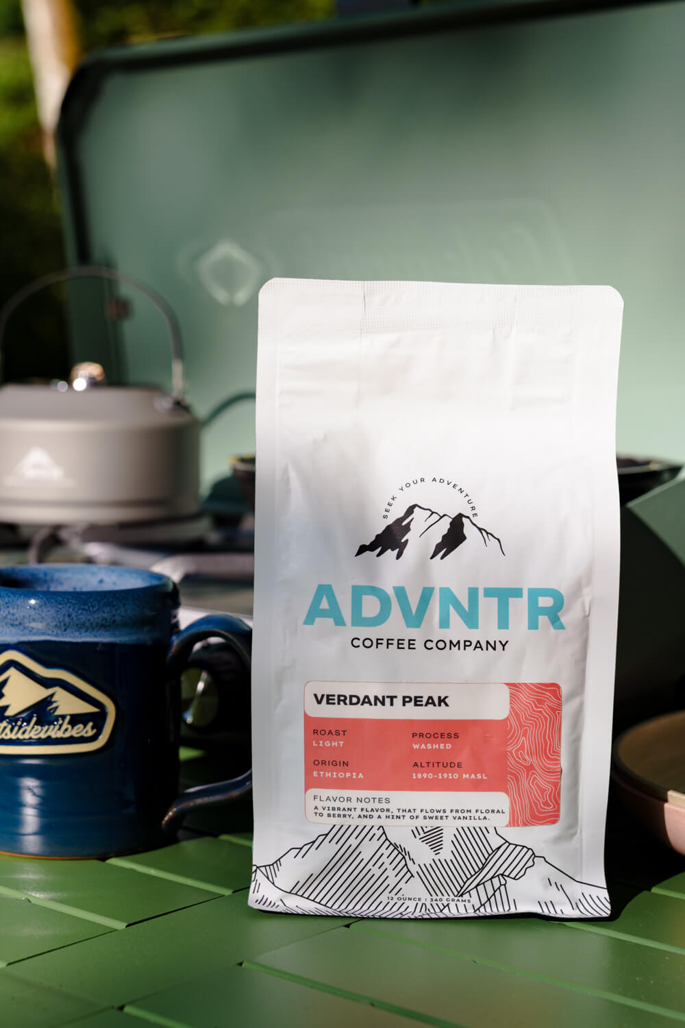 advntr coffee bag morning camping table with stove and mug
